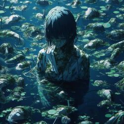 Rule 34 | 1girl, algae, closed eyes, closed mouth, fragmentedblue, green theme, lake, moonlight, original, partially submerged, reflection, scenery, short hair, solo, water