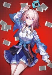 Rule 34 | 1girl, absurdres, arm up, black choker, black corset, blue eyes, blue jacket, breasts, buttons, camera, chinese commentary, choker, closed mouth, collarbone, commentary request, corset, cowboy shot, dress shirt, earrings, flower ornament, highres, honkai: star rail, honkai (series), jacket, jewelry, long sleeves, looking at viewer, lying, march 7th (honkai: star rail), medium breasts, medium hair, on back, open hand, photo (object), pink hair, purple eyes, red background, shirt, shizijie, single earring, smile, solo, tied jacket, two-tone eyes, white shirt