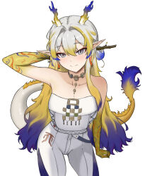 Rule 34 | 1girl, arknights, bare shoulders, blonde hair, blue hair, choker, cowboy shot, fangs (fangs art), horns, jewelry, long hair, looking at viewer, necklace, pants, pointy ears, shu (arknights), simple background, smile, solo, standing, strapless, tube top, very long hair, white background, white hair, white pants
