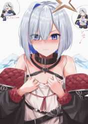 Rule 34 | 1girl, absurdres, amane kanata, amane kanata (cosplay), amane kanata (punk rock), belt collar, black coat, black collar, blue hair, blush, breasts, camisole, coat, collar, cosplay, grey hair, hair intakes, halo, highres, hololive, looking at viewer, purple eyes, red coat, sakamata chloe, sakamata chloe (1st costume), sakamata chloe (cosplay), short hair, small breasts, solo, star halo, two-sided coat, two-sided fabric, user juhv8242, virtual youtuber, white camisole