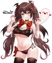 Rule 34 | 1girl, absurdres, alternate breast size, bandaged arm, bandages, bat wings, black nails, black panties, black thighhighs, blush, bow, breasts, brown hair, claw pose, commentary, cowboy shot, crop top, flower-shaped pupils, genshin impact, gloves, grin, hair between eyes, hair bow, hair ornament, halloween, hands up, happy halloween, highres, hip focus, hu tao (genshin impact), jewelry, kuca (ku ca18), large breasts, long hair, multicolored nails, multiple rings, nail polish, navel, orange nails, panties, red bow, red eyes, red nails, ring, smile, solo, stomach, symbol-shaped pupils, thighhighs, torn clothes, torn thighhighs, twintails, underboob, underwear, very long hair, wing hair ornament, wings, x hair ornament