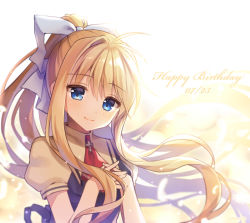 Rule 34 | 1girl, air (visual novel), blonde hair, blue dress, blue eyes, blush, closed mouth, commentary request, dated, dress, hair between eyes, hair ribbon, hands up, happy birthday, head tilt, high ponytail, kamio misuzu, long hair, mauve, own hands together, ponytail, red neckwear, ribbon, sailor collar, shirt, sleeveless, sleeveless dress, smile, solo, very long hair, white ribbon, white sailor collar, white shirt