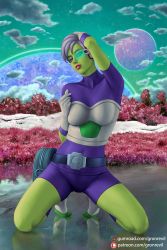 Rule 34 | 1girl, bodysuit, breasts, cheelai, cleavage, colored skin, dragon ball, dragon ball super, dragon ball super broly, female focus, gloves, green-tinted eyewear, green skin, gronrevil, highres, lipstick, looking at viewer, makeup, outdoors, scouter, short hair, short sleeves, solo, tagme, thighs, tinted eyewear, white hair