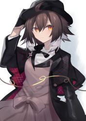 Rule 34 | 1girl, ahoge, arknights, black bow, black bowtie, black gloves, black hat, black jacket, bow, bowtie, brown hair, brown skirt, brown vest, cosplay, formal, gloves, hair between eyes, hand on headwear, hand up, hat, jacket, light blush, looking at viewer, melantha (arknights), melantha (letters from wessex) (arknights), melantha (letters from wessex) (arknights) (cosplay), multicolored hair, official alternate costume, plume (arknights), sasa onigiri, shirt, short hair, simple background, skirt, smile, solo, streaked hair, two-tone hair, undershirt, upper body, vest, white background, white hair, white shirt, yellow eyes