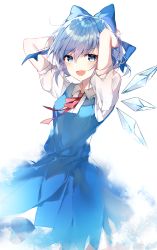 Rule 34 | 1girl, absurdres, arms up, bara (03 bara ), blue bow, blue dress, blue eyes, blue hair, bow, cirno, cowboy shot, dress, hair bow, highres, ice, ice wings, looking at viewer, open mouth, puffy short sleeves, puffy sleeves, red neckwear, shirt, short hair, short sleeves, simple background, smile, solo, standing, touhou, white background, white shirt, wings