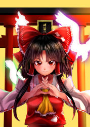Rule 34 | 1girl, absurdres, ascot, bare shoulders, black hair, bow, brown eyes, collared shirt, detached sleeves, eagle spirit (touhou), frilled bow, frilled shirt collar, frills, hair bow, hair tubes, hakurei reimu, hakurei shrine, half updo, highres, looking at viewer, mahoro (minase mahoro), medium hair, otter spirit (touhou), red bow, red shirt, red skirt, shirt, skirt, sleeveless, sleeveless shirt, torii, touhou, wily beast and weakest creature, wolf spirit (touhou), yellow ascot