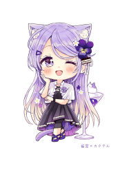 Rule 34 | 1girl, ;d, absurdres, animal ear fluff, animal ears, black dress, black leggings, blush, brown hair, cat ears, cat girl, cat tail, chibi, cocktail glass, crossed legs, cup, dress, drinking glass, flower, full body, gradient hair, hair flower, hair ornament, hairclip, hand up, highres, leggings, long hair, multicolored hair, one eye closed, open mouth, original, pansy, pleated dress, purple eyes, purple flower, purple footwear, purple hair, purple pansy, sakura oriko, shirt, shoes, short sleeves, simple background, smile, solo, standing, tail, translated, very long hair, watson cross, white background, white flower, white shirt, wide sleeves