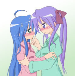 Rule 34 | 00s, 2girls, ahoge, blue eyes, blue hair, blush, eye contact, female focus, frown, green eyes, hair ribbon, hand on another&#039;s chin, hand on another&#039;s face, hiiragi kagami, izumi konata, long hair, looking at another, lucky star, mel (artist), mel (melty pot), multiple girls, nervous, pajamas, profile, purple hair, ribbon, sweat, sweatdrop, tsurime, twintails, yuri