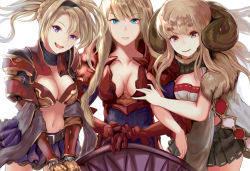 Rule 34 | 3girls, :d, anila (granblue fantasy), arm rest, armor, armored dress, athena (granblue fantasy), belt, black hairband, black skirt, blonde hair, blue eyes, blue skirt, braid, breasts, brown eyes, cleavage, coat, collarbone, draph, french braid, fur-trimmed coat, fur collar, fur trim, gauntlets, granblue fantasy, hairband, highres, horns, large breasts, locked arms, long hair, looking at viewer, midriff, miniskirt, multiple girls, navel, open mouth, purple eyes, red armor, sail (sail-away), sheep horns, shield, shoulder armor, skirt, smile, thick eyebrows, twintails, white background, zeta (granblue fantasy)