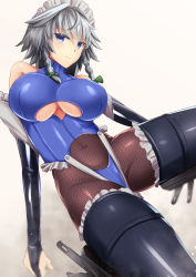 Rule 34 | 1girl, alternate costume, blue eyes, boots, bow, braid, breasts, bridal gauntlets, commentary request, detached sleeves, elbow gloves, fishnet pantyhose, fishnets, frilled boots, frilled sleeves, frills, gloves, grey hair, hair bow, highres, hip focus, izayoi sakuya, large breasts, latex, latex boots, latex gloves, leg up, looking at viewer, maid headdress, pantyhose, pink background, shiny clothes, simple background, sinkai, smile, solo, taimanin suit, thigh boots, thighhighs, thighs, touhou, twin braids, underboob