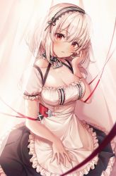 Rule 34 | 1girl, anchor choker, apron, azur lane, bad id, bad twitter id, blush, breasts, choker, cleavage, collarbone, dress, hair between eyes, hairband, hand in own hair, head tilt, highres, lace-trimmed hairband, lace trim, large breasts, looking at viewer, maid, puffy short sleeves, puffy sleeves, red eyes, red ribbon, ribbon, short hair, short sleeves, sidelocks, sirius (azur lane), sitting, solo, sparkle, ttosom, white hair