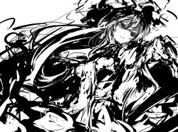 Rule 34 | 1girl, dress, face, female focus, foreshortening, greyscale, hat, head tilt, high contrast, long hair, monochrome, neichiru, open mouth, outstretched arm, outstretched hand, sketch, solo, touhou, yakumo yukari