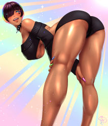 Rule 34 | 1girl, absurdres, ass, bent over, breasts, choker, commission, dark-skinned female, dark skin, facial tattoo, female focus, heart, heart tattoo, highres, huge breasts, jesse jordan, legs, multicolored eyes, multicolored hair, open mouth, original, rainbow eyes, rainbow hair, short hair, smile, solo, tattoo, thick thighs, thighs, underboob