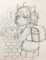 Rule 34 | 1girl, ahoge, backpack, bag, blade, brick wall, bush, closed mouth, commentary request, cropped legs, flower, graphite (medium), greyscale, hand up, headgear, highres, holding strap, hood, hood down, hoodie, light blush, long sleeves, looking at viewer, looking back, monochrome, randoseru, sheath, sheathed, short hair, shorts, solo, thought bubble, toriniku29, touhoku kiritan, traditional media, translation request, twintails, v-shaped eyebrows, voiceroid