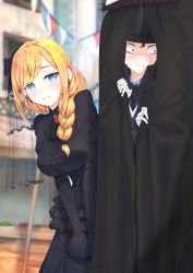 Rule 34 | 1boy, 1girl, absurdres, alice lendrott, ascot, black ascot, black dress, black headwear, blonde hair, blue eyes, blurry, blurry background, bocchan (shinigami bocchan to kuro maid), breasts, cross, cross earrings, day, dress, earrings, eiji2903, gloves, highres, jewelry, large breasts, leaning forward, long sleeves, looking at another, outdoors, red eyes, shinigami bocchan to kuro maid, veil, white gloves
