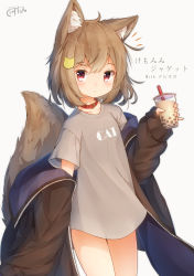 Rule 34 | 1girl, animal ear fluff, animal ears, black coat, brown hair, coat, collar, commentary request, coreytaiyo, cup, dog ears, dog tail, drinking straw, grey shirt, hair ornament, hairclip, highres, no pants, original, red eyes, shirt, short hair, simple background, sleeves past wrists, solo, tail, translation request, white background