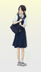 Rule 34 | 1girl, absurdres, bag, black bag, black hair, blue dress, blush, character age, collared shirt, cross-laced footwear, dated, dress, full body, gradient background, height, highres, long hair, long legs, looking to the side, measurements, neck ribbon, omamori, open mouth, original, pinafore dress, pleated dress, red eyes, red ribbon, ribbon, school bag, school uniform, shadow, shirt, shoelaces, shoes, sleeveless, sleeveless dress, sleeves rolled up, smile, sneakers, standing, white shirt, y.kami nao/take