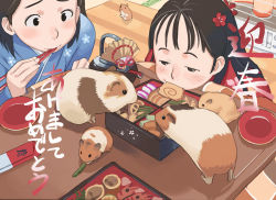 Rule 34 | akeome, blush, eating, guinea pig, hamster, japanese clothes, kimono, kotatsu, mouth hold, new year, bento, table, takamichi