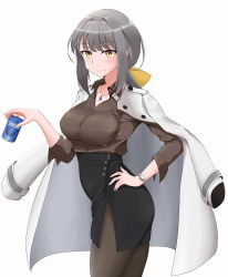 Rule 34 | 1girl, absurdres, black skirt, black survival, bow, breasts, brown pantyhose, brown shirt, can, dr. nadja, drink can, grey hair, hair bow, handgebrauch, highres, lab coat, large breasts, medium hair, pantyhose, pencil skirt, shirt, simple background, skirt, soda can, solo, tagme, taut clothes, taut shirt, white background, yellow eyes