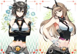 Rule 34 | 10s, 2girls, ;), alternate hair length, alternate hairstyle, bare shoulders, black hair, breasts, brown hair, crossed arms, elbow gloves, fingerless gloves, gloves, hairstyle switch, hand on own hip, headgear, kantai collection, kodama (wa-ka-me), large breasts, lips, long hair, midriff, multiple girls, mutsu (kancolle), nagato (kancolle), navel, one eye closed, pleated skirt, short hair, skirt, smile, white gloves, yellow eyes