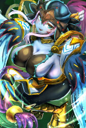 1girl absurdres blue_eyes blue_skin breasts cleavage colored_skin duel_monster half-harpy hatano_kiyoshi highres huge_breasts looking_at_viewer lyrilusc_-_ensemblue_robin purple_hair sideboob smile solo winged_arms wings yu-gi-oh!