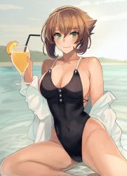 Rule 34 | 1girl, beach, black one-piece swimsuit, breasts, brown hair, casual one-piece swimsuit, cleavage, collarbone, cup, day, drink, drinking glass, drinking straw, flipped hair, food, fruit, green eyes, hair ribbon, highres, holding, island, kantai collection, kasumi (skchkko), large breasts, long sleeves, looking at viewer, mountain, mutsu (kancolle), ocean, one-piece swimsuit, orange (fruit), orange slice, ribbon, shirt, short hair, sitting, smile, solo, swimsuit, swimsuit under clothes, tree, tropical drink, water, white shirt