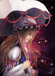 Rule 34 | 1girl, arm ribbon, artist name, blonde hair, bow, breasts, closed eyes, dress, eyelashes, female focus, hair over shoulder, hat, hat ribbon, holding, holding umbrella, lips, long hair, long sleeves, looking at viewer, medium breasts, mob cap, nose, parted lips, pink lips, profile, puffy long sleeves, puffy sleeves, realistic, red eyes, ribbon, ribbon trim, signature, solo, space, tabard, touhou, umbrella, upper body, very long hair, white dress, wide sleeves, yakumo yukari, zamboze