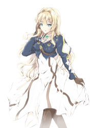Rule 34 | 10s, 1girl, absurdres, bad id, bad pixiv id, black gloves, blonde hair, blue eyes, boots, breasts, brown footwear, dress, gloves, hair between eyes, hand in own hair, highres, kwanchung ho, long hair, medium breasts, open mouth, simple background, sketch, skirt hold, solo, standing, thigh boots, thighhighs, violet evergarden, violet evergarden (series), white background, white dress, white neckwear