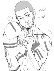 Rule 34 | 1boy, abs, buzz cut, facial hair, flexible, full-body tattoo, gimgyeon (dog 0987), goatee, golden kamuy, greyscale, highres, index finger raised, long sideburns, looking at viewer, male focus, monochrome, nude, one eye closed, puffy cheeks, shiraishi yoshitake, short hair, sideburns, solo, tattoo, toned, toned male, upper body, very short hair, wink star