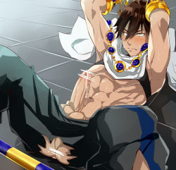 Rule 34 | 1boy, abs, armpits, ass, blush, censored, cum, dark-skinned male, dark skin, erection, fate/prototype, fate/prototype: fragments of blue and silver, fate (series), male focus, meron, muscular, ozymandias (fate), penis, restrained, solo, sweat, torn clothes, undressing