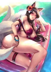 Rule 34 | 1girl, ahri (league of legends), animal ears, ass, bell, bikini, bottomless, bracelet, brown hair, butt crack, cian yo, convenient censoring, facepaint, fingernails, floating, floating object, flower, fox ears, fox girl, fox tail, hair flower, hair ornament, heart, highres, jewelry, league of legends, long hair, nail polish, o-ring, pink eyes, solo, swimsuit, tail, thigh strap, water, wet