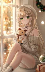 Rule 34 | 1girl, :o, beret, blonde hair, blurry, blurry foreground, christmas, collarbone, commentary, earrings, feet out of frame, glowing, green eyes, hair over shoulder, hanging light, hat, highres, holding, holding stuffed toy, jewelry, light, long hair, long sleeves, looking at viewer, night, no panties, no pants, off-shoulder sweater, off shoulder, open mouth, original, pora 0918, sidelocks, sitting, socks, solo, stuffed animal, stuffed toy, sweater, symbol-only commentary, white hat, window, yellow socks, yellow sweater