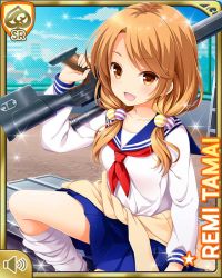 Rule 34 | 1girl, blue skirt, brown eyes, brown hair, card (medium), day, girlfriend (kari), gun, looking at viewer, low twintails, official art, open mouth, outdoors, pleated skirt, qp:flapper, red neckwear, rifle, sailor uniform, school, school uniform, shirt, sitting, skirt, smile, sniper rifle, socks, solo, tagme, tamai remi, tied sweater, twintails, weapon, white shirt