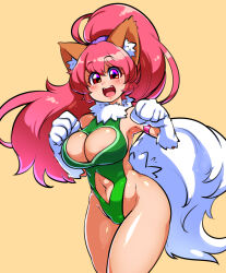Rule 34 | 1girl, animal ears, bare legs, bare shoulders, blush, breasts, cat ears, cat girl, cleavage, cleavage cutout, clothing cutout, curvy, female focus, green leotard, heart, heart cutout, highleg, highleg leotard, highres, large breasts, leotard, long hair, looking at viewer, open mouth, paw print, perisie (star ocean), pink hair, ponytail, ryoi, shiny skin, simple background, smile, solo, star ocean, star ocean first departure, thick thighs, thighs, thong leotard, very long hair, wide hips