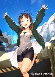 Rule 34 | 1girl, :d, akisa yositake, antenna hair, armpits, arms up, bare legs, bike shorts, black hair, black shorts, blue eyes, blush, building, character request, collarbone, commentary request, day, dress, green jacket, gundam, hair ornament, hairclip, highres, jacket, leg up, long sleeves, mobile suit gundam, mountain, open clothes, open jacket, open mouth, outdoors, panties, panties under shorts, sandals, short hair, shorts, sleeves past wrists, smile, solo, standing, standing on one leg, twitter username, underwear, white dress, white panties