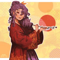 Rule 34 | 1girl, artist name, cigarette, closed mouth, dress, hair between eyes, hair ribbon, hands up, highres, japanese clothes, k0nfette, kimono, komakusa sannyo, long hair, long sleeves, looking at viewer, multicolored background, multicolored clothes, multicolored dress, multicolored kimono, orange background, ponytail, purple dress, purple hair, purple kimono, red background, red dress, red eyes, red kimono, ribbon, smile, smoke, solo, teeth, touhou, wide sleeves, yellow background, yellow ribbon