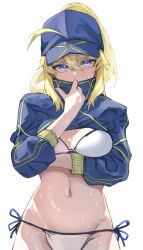 1girl absurdres ahoge arms_under_breasts artoria_pendragon_(fate) baseball_cap bikini blonde_hair blue_eyes blue_hat blue_jacket blush breasts collar_tug cowboy_shot cropped_jacket fate/grand_order fate_(series) hair_through_headwear hat highres jacket large_breasts looking_at_viewer mysterious_heroine_x_(fate) mysterious_heroine_xx_(fate) navel ponytail shrug_(clothing) side-tie_bikini_bottom simple_background solo stomach swimsuit tadano1129 white_background white_bikini wristband