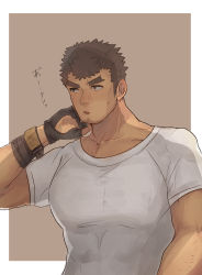 Rule 34 | 1boy, absurdres, arms behind head, bara, blush, brown hair, covered abs, facial hair, goatee, highres, takabushi kengo, large pectorals, male focus, matcha modoki (mutou 444), muscular, muscular male, pectorals, shirt, short hair, short sleeves, sideburns, solo, stubble, tight clothes, tight shirt, tokyo houkago summoners, upper body, white shirt