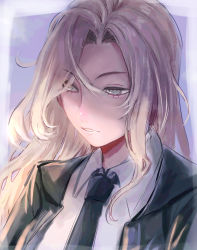 Rule 34 | 1girl, absurdres, black jacket, black necktie, blonde hair, eyelashes, grey eyes, hagioshi, hair between eyes, highres, hornet (kancolle), jacket, kantai collection, long hair, looking down, necktie, parted lips, portrait, shirt, simple background, solo, two-tone background, white shirt