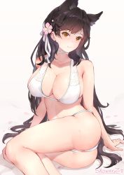 Rule 34 | 1girl, animal ears, artist name, ass, atago (azur lane), atago (summer march) (azur lane), atago (summer march) (azur lane), azur lane, bare shoulders, bikini, black hair, blush, breasts, brown eyes, cleavage, closed mouth, collarbone, flower, hair flower, hair ornament, hair ribbon, hands on floor, highres, large breasts, long hair, looking at viewer, mole, mole under eye, on floor, petals, ribbon, showerz, smile, solo, sweat, swimsuit, thighs, wet, white background, white bikini, white ribbon