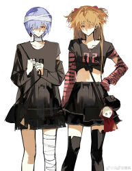 Rule 34 | 2girls, absurdres, ayanami rei, bandage over one eye, bandaged head, bandaged leg, bandaged neck, bandages, black shirt, black skirt, blue eyes, blue hair, chinese commentary, closed mouth, detached sleeves, doll, drop earrings, earrings, hair ornament, hair over one eye, hand on own hip, highres, jewelry, long hair, long sleeves, looking at viewer, multiple girls, neon genesis evangelion, number print, one eye covered, orange hair, pink sleeves, red eyes, shealy, shirt, short hair, simple background, single detached sleeve, single earring, skirt, souryuu asuka langley, striped sleeves, weibo logo, weibo watermark, white background