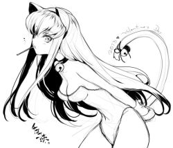 Rule 34 | 10s, 1girl, 2013, animal ears, arms behind back, bell, c.c., cat ears, cat tail, code geass, collar, creayus, dated, food, food in mouth, greyscale, kemonomimi mode, kittysuit, leotard, long hair, monochrome, mouth hold, neck bell, nontraditional playboy bunny, playboy bunny, pocky, solo, tail, tail bell, tail ornament