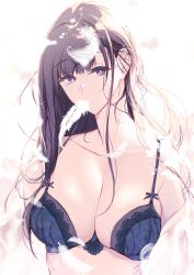 Rule 34 | 1girl, ane naru mono, black bra, black hair, bra, breasts, chiyo (ane naru mono), cleavage, collarbone, dress shirt, feathers, highres, large breasts, lingerie, long hair, looking at viewer, mole, mole under eye, off shoulder, open clothes, open shirt, pochi (pochi-goya), purple eyes, see-through, shirt, simple background, solo, underwear, upper body