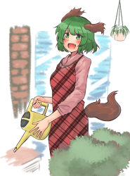 Rule 34 | 1girl, animal ears, apron, blush, breasts, brick, bush, dog ears, dog tail, dress, fang, fern, ginnkei, green eyes, green hair, hanging plant, highres, kasodani kyouko, long sleeves, looking at viewer, open mouth, pink shirt, plaid, plaid apron, shirt, short hair, small breasts, solo, standing, tail, touhou, watering, watering can, window