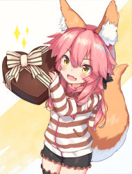 Rule 34 | 10s, 1girl, :d, aged down, animal ear fluff, animal ears, black shorts, black thighhighs, blush, bow, box, brown eyes, commentary request, fang, fate/extra, fate (series), fingernails, fox ears, fox girl, fox tail, gift, gift box, hair between eyes, heart-shaped box, holding, holding gift, hood, hood down, hoodie, long sleeves, maru (maru1625), official alternate costume, open mouth, pink hair, short shorts, shorts, sleeves past wrists, smile, solo, sparkle, striped bow, striped clothes, striped hoodie, tail, tamamo (fate), tamamo no mae (fate/extra), tamamo no mae (spring casual) (fate), thighhighs
