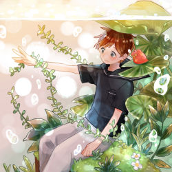Rule 34 | 1boy, :|, air bubble, black shirt, brown hair, bubble, chitta, closed mouth, frog, from side, grey eyes, lily pad, looking away, male focus, original, outstretched arm, pants, partially underwater shot, plant, sailor collar, seaweed, shirt, sitting, solo, submerged, underwater