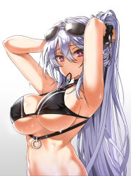 Rule 34 | 1girl, armpits, arms up, bare shoulders, bikini, black bikini, breasts, closers, covered erect nipples, eyewear on head, hair between eyes, hair tie in mouth, large breasts, lhu (barappra1), long hair, looking at viewer, midriff, mirae (closers), mouth hold, purple hair, red eyes, sideboob, simple background, solo, sunglasses, sweat, swimsuit, tying hair, underboob, upper body, very long hair, very sweaty, white background