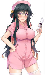 Rule 34 | 10s, 1girl, alternate costume, black hair, blush, breasts, buttons, clenched hand, covered erect nipples, fang, hair ribbon, hand on own hip, hat, kantai collection, kusano (torisukerabasu), large breasts, long hair, looking at viewer, multicolored hair, naganami (kancolle), nurse, nurse cap, open mouth, pink hair, ribbon, simple background, smile, solo, syringe, thighhighs, white background, white thighhighs, yellow eyes