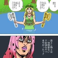 Rule 34 | 1boy, 1girl, axe, blonde hair, blue eyes, diavolo, dress, forest, green eyes, head wreath, highres, holding, holding axe, honest axe, jewelry, jojo no kimyou na bouken, lipstick, makeup, nature, necklace, parody, pink hair, pond, shideboo (shideboh), sweat, nervous sweating, translation request, tree, vento aureo, water