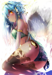 Rule 34 | 1girl, :&lt;, aqua hair, ass, bare shoulders, bikini, black thighhighs, blush, elbow gloves, gloves, hair ornament, highres, long hair, looking at viewer, natsu (anta tte hitoha), open mouth, original, solo, swimsuit, thighhighs, trefoil, wings, yellow eyes